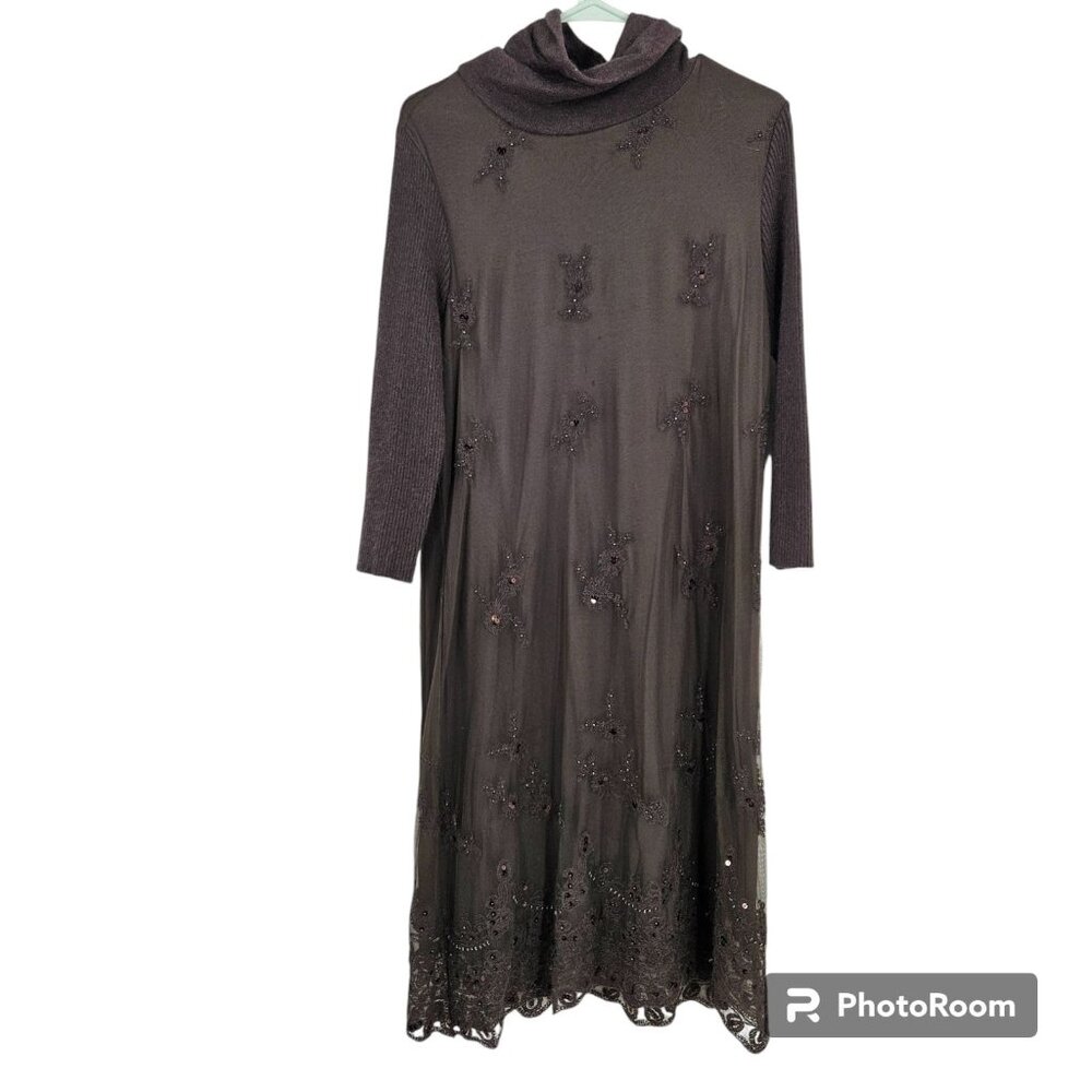Sundance Sweater Dress Brown Turtleneck Embroidered Beaded Sequin Mesh Midi Sz M